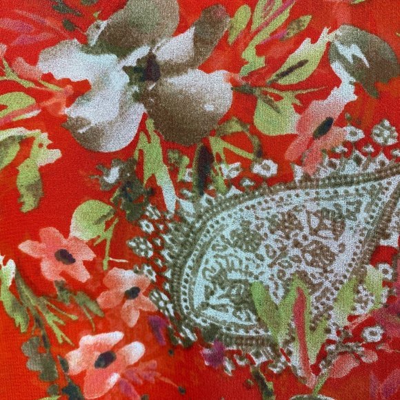 Rafaella Top L Floral Red Green Semi Sheer‎ Smocked Short Dolman Sleeve - Picture 3 of 9